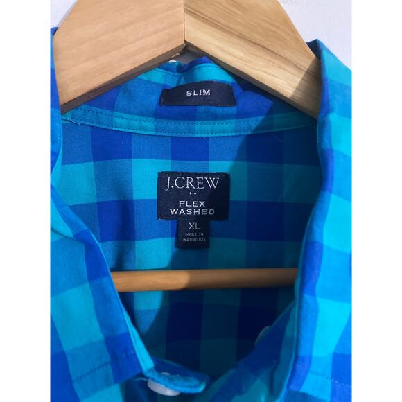 J Crew button down shirt men’s XL blue plaid cotton slim flex washed casual - Picture 2 of 5
